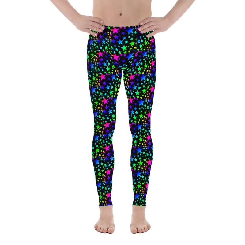 Black Rainbow Meggings, Stars Pattern Men's Leggings Compression Tights-Made in USA/EU