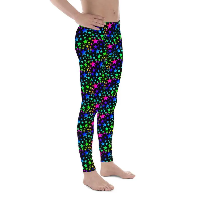 Black Rainbow Meggings, Stars Pattern Men's Leggings Compression Tights-Made in USA/EU