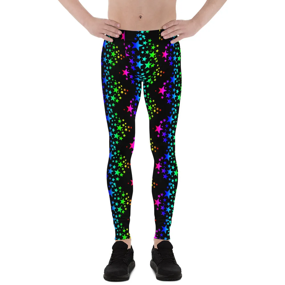 Black Rainbow Meggings, Stars Pattern Men's Leggings Compression Tights-Made in USA/EU