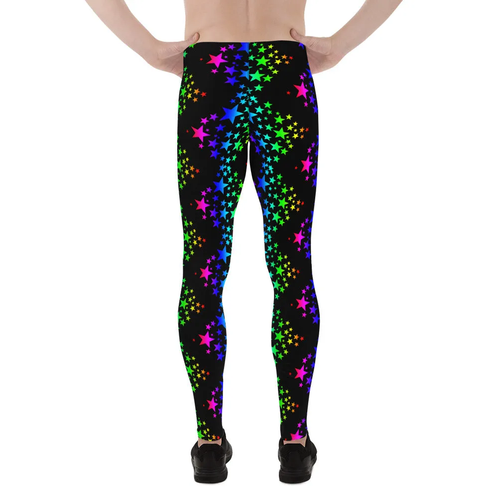 Black Rainbow Meggings, Stars Pattern Men's Leggings Compression Tights-Made in USA/EU