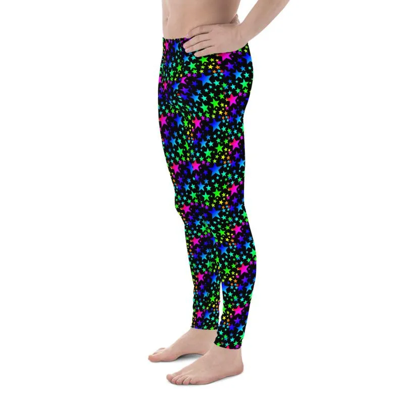Black Rainbow Meggings, Stars Pattern Men's Leggings Compression Tights-Made in USA/EU