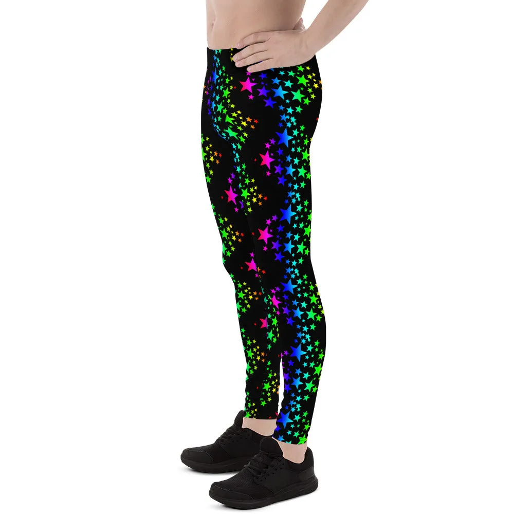 Black Rainbow Meggings, Stars Pattern Men's Leggings Compression Tights-Made in USA/EU