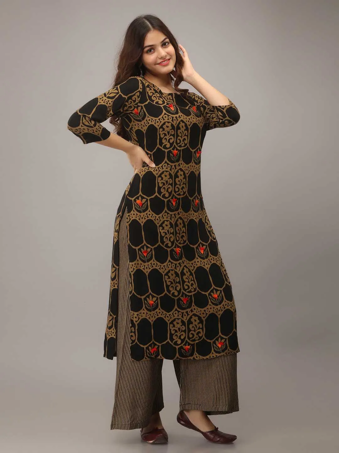 Black Rayon Straight Women's Kurta with Palazzo