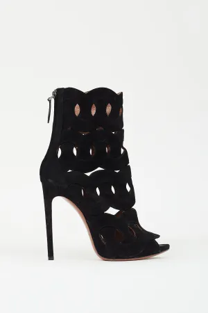 Black Suede Geometric Cutout Peep Toe Boot