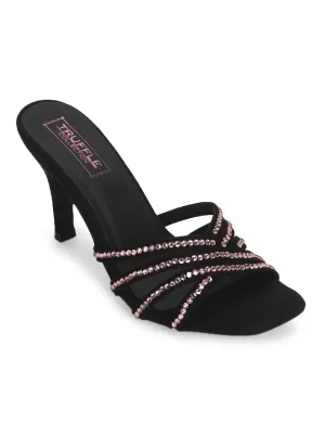 Black Suede Studded Slip On Mules
