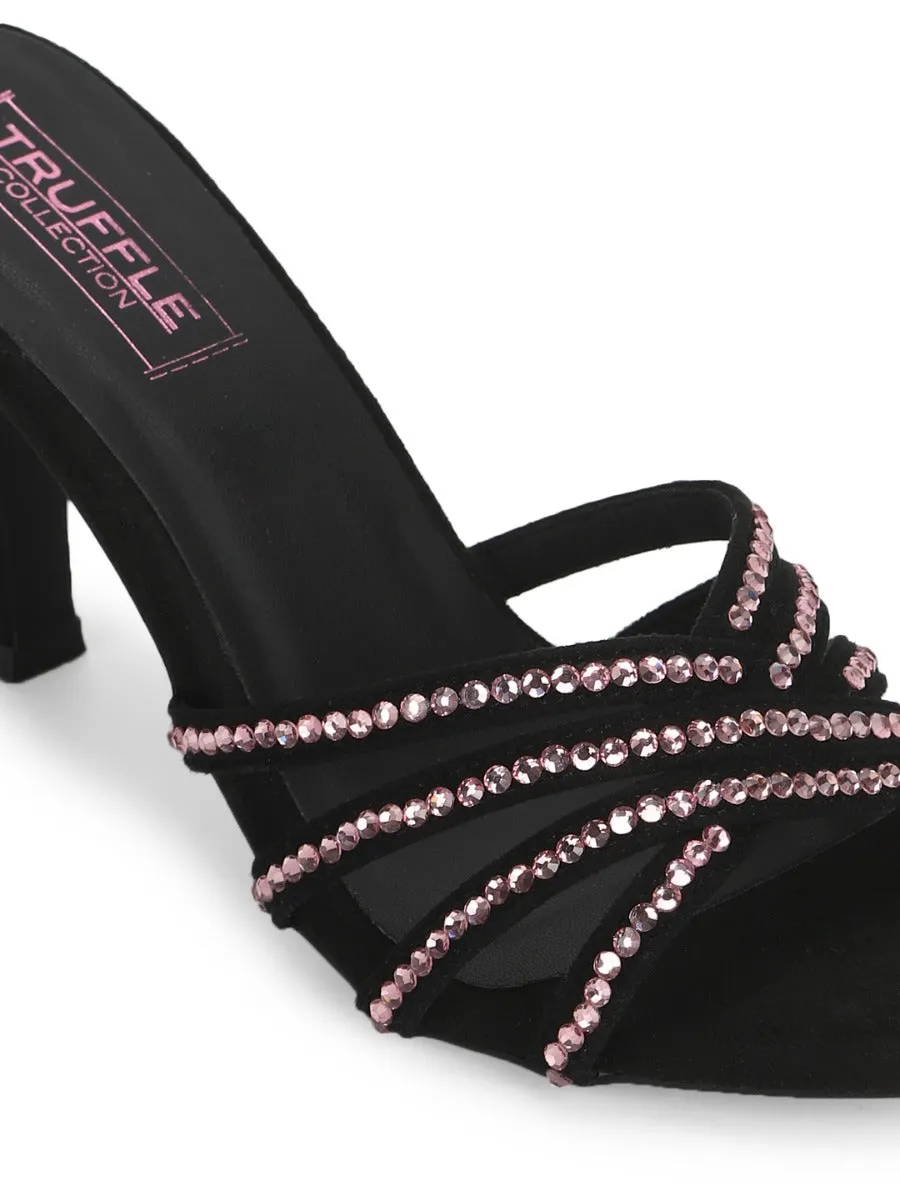 Black Suede Studded Slip On Mules
