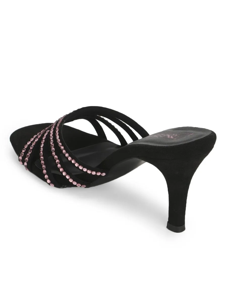 Black Suede Studded Slip On Mules