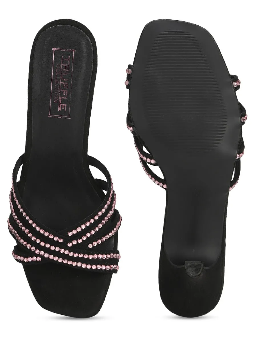 Black Suede Studded Slip On Mules