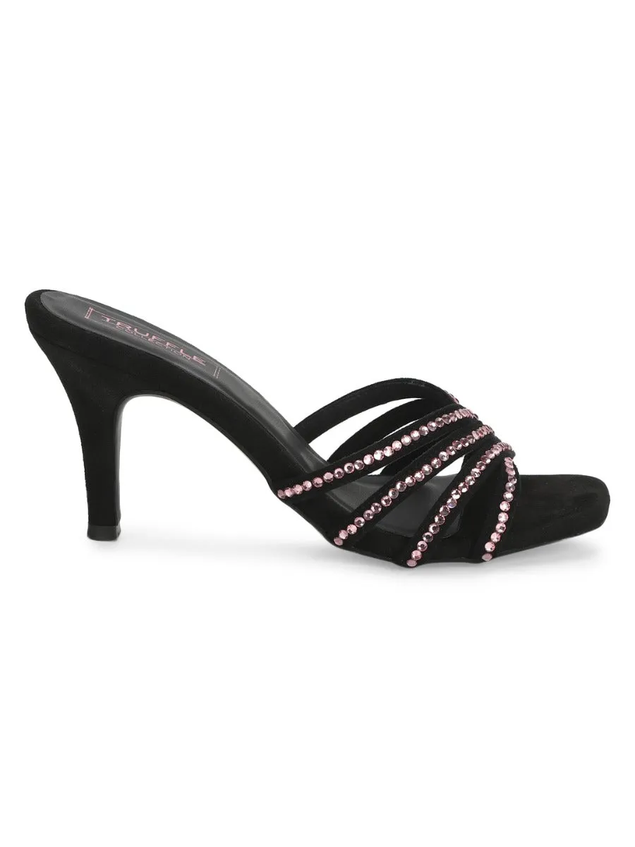 Black Suede Studded Slip On Mules