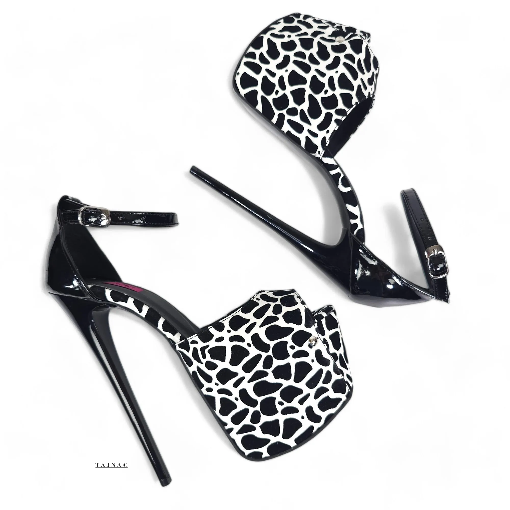 Black White Leopard Print Ankle Strap High Heels