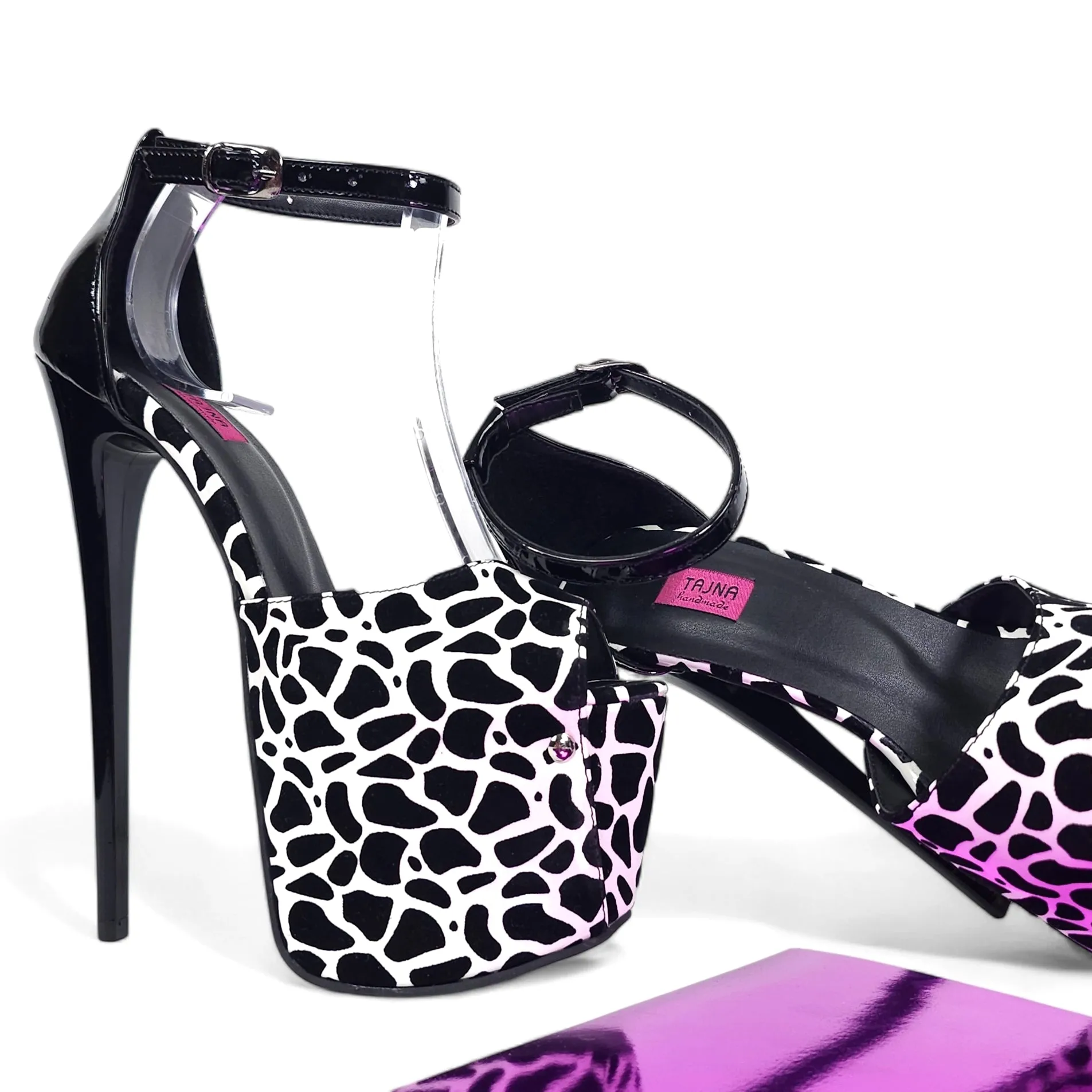 Black White Leopard Print Ankle Strap High Heels
