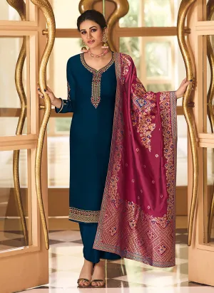 Blue And Pink Embroidered Pant Style Suit