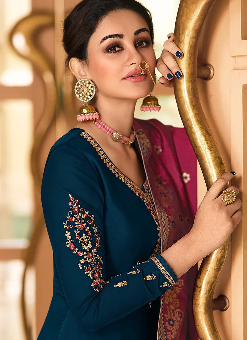 Blue And Pink Embroidered Pant Style Suit
