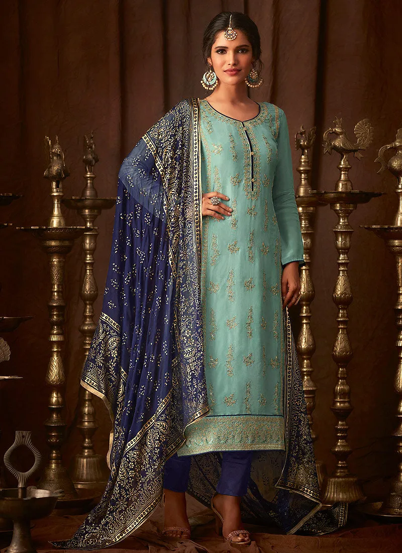 Blue Embroidered Indian Pant Suit