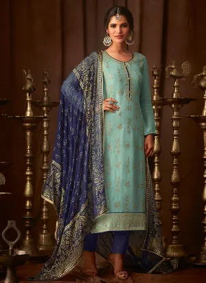 Blue Embroidered Indian Pant Suit