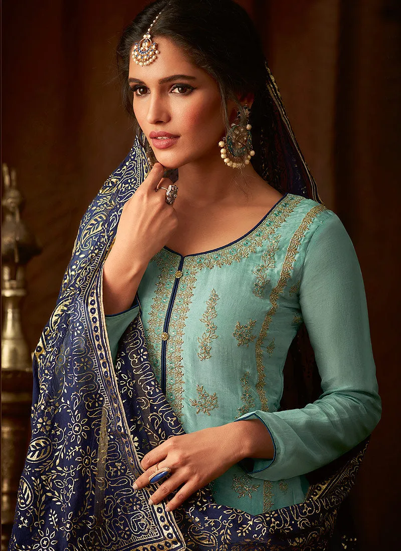 Blue Embroidered Indian Pant Suit