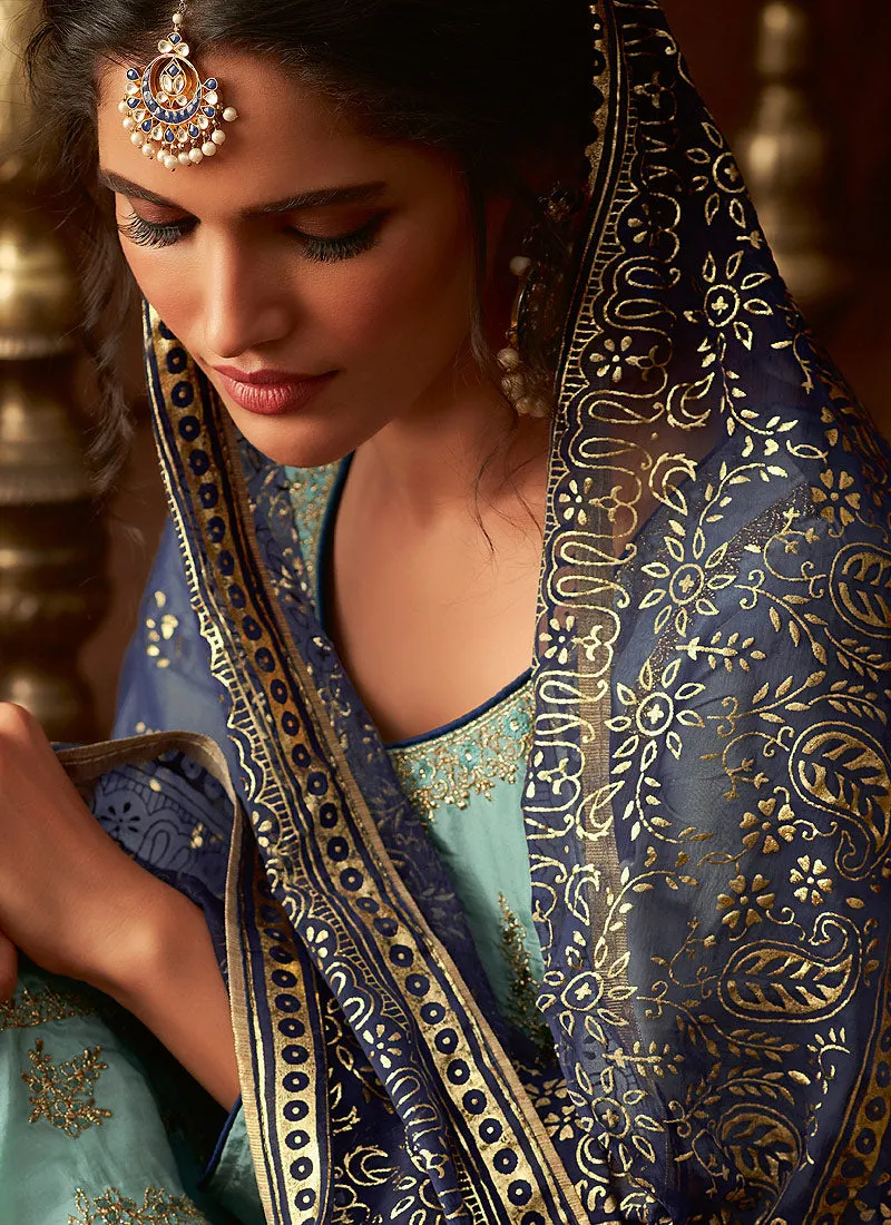 Blue Embroidered Indian Pant Suit