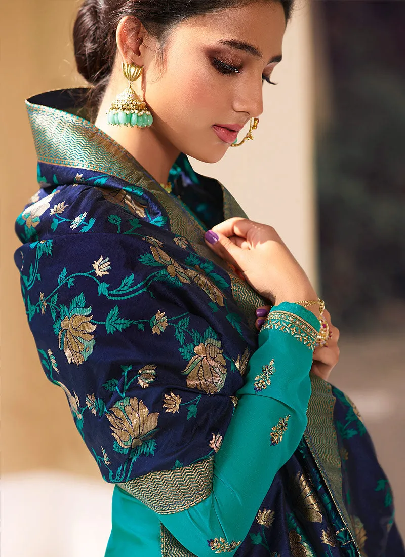 Blue Embroidered Pant Style Suit