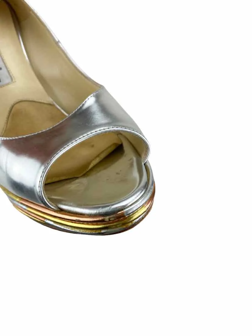 Brian Atwood, Women's Scarpa Tri-Color Metallic Pump, Silver, Size 37 (US 6.5)