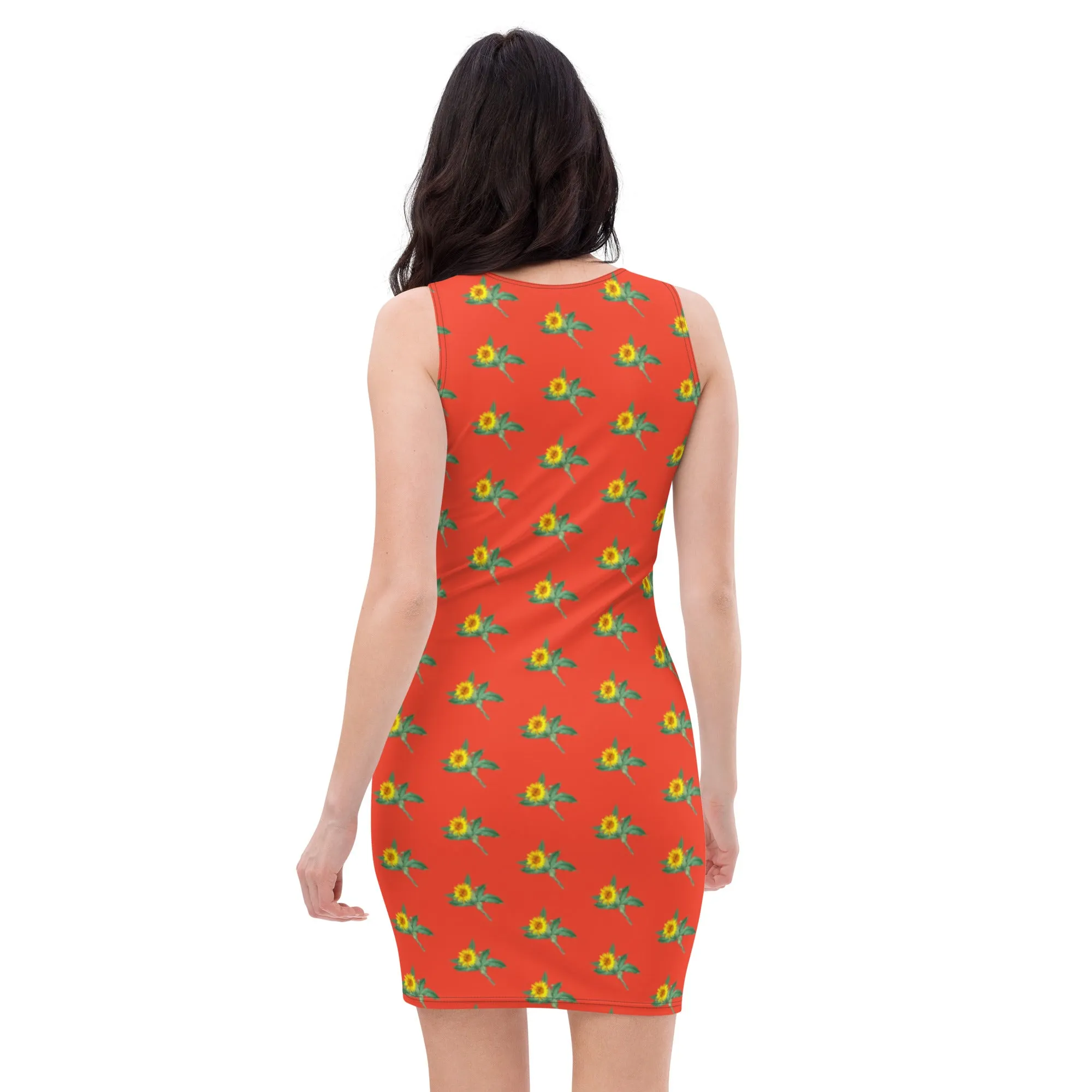 Bright Red Floral Sunflower Dress, Sunflower Print Sleeveless Women's Dress - Made in USA/EU/MX