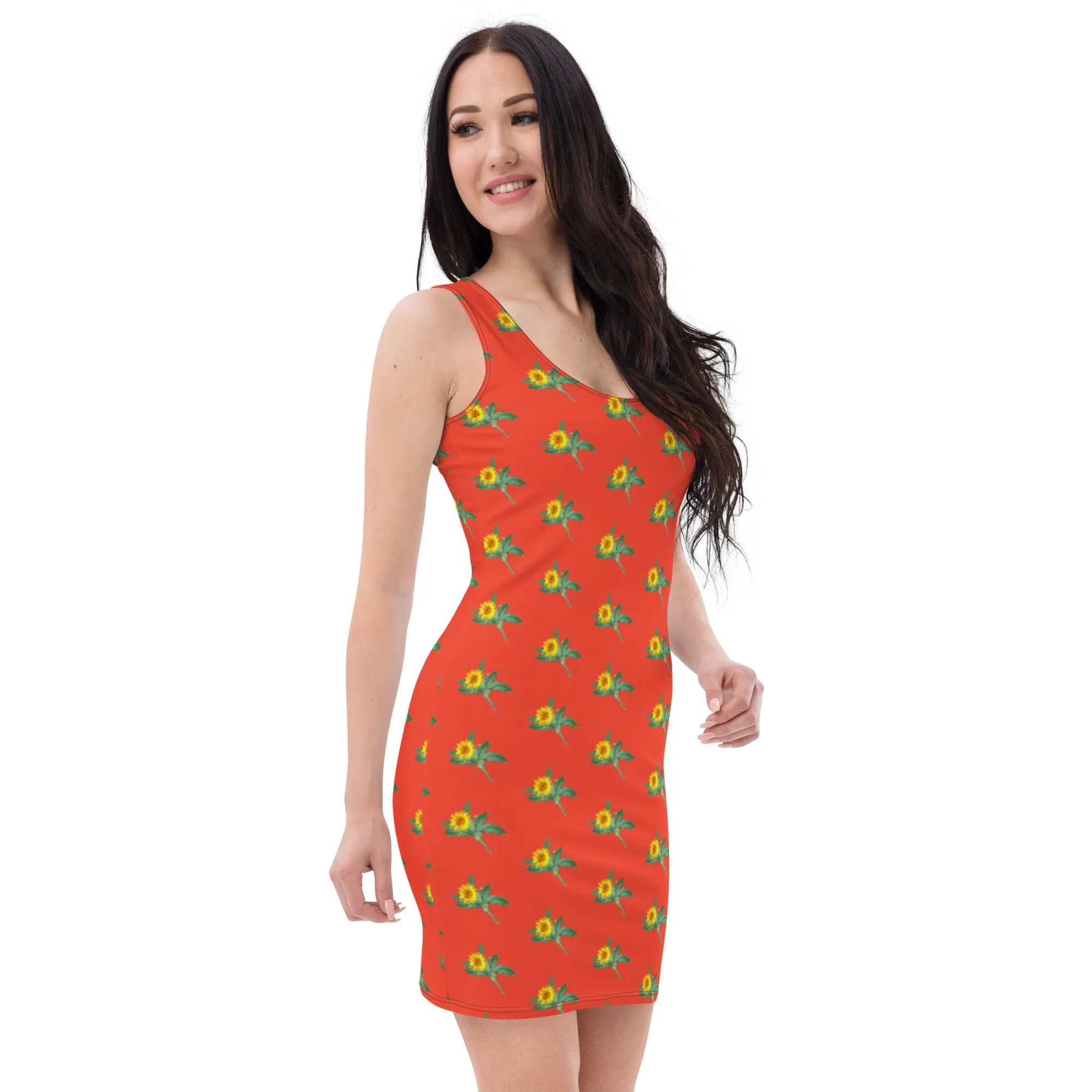 Bright Red Floral Sunflower Dress, Sunflower Print Sleeveless Women's Dress - Made in USA/EU/MX