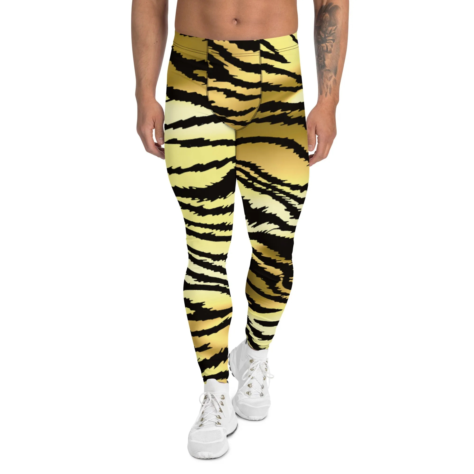 Brown Tiger Striped Men's Leggings, Classic Brown Tiger Leggings, Brown Tiger Pants For Men - Made in USA/EU/MX