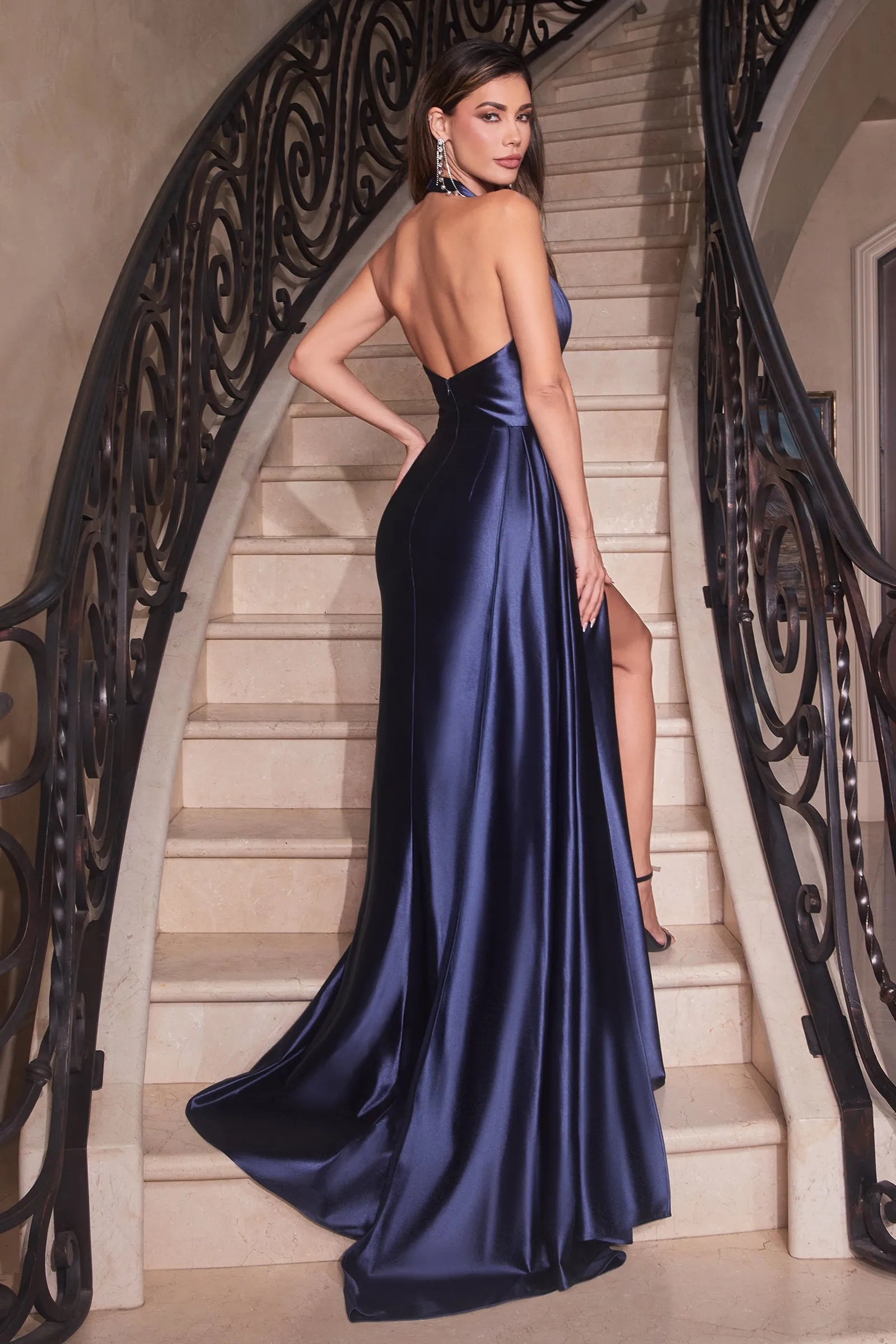 CINDERELLA DIVINE CH079 Fitted Satin Halter Gown with Slit