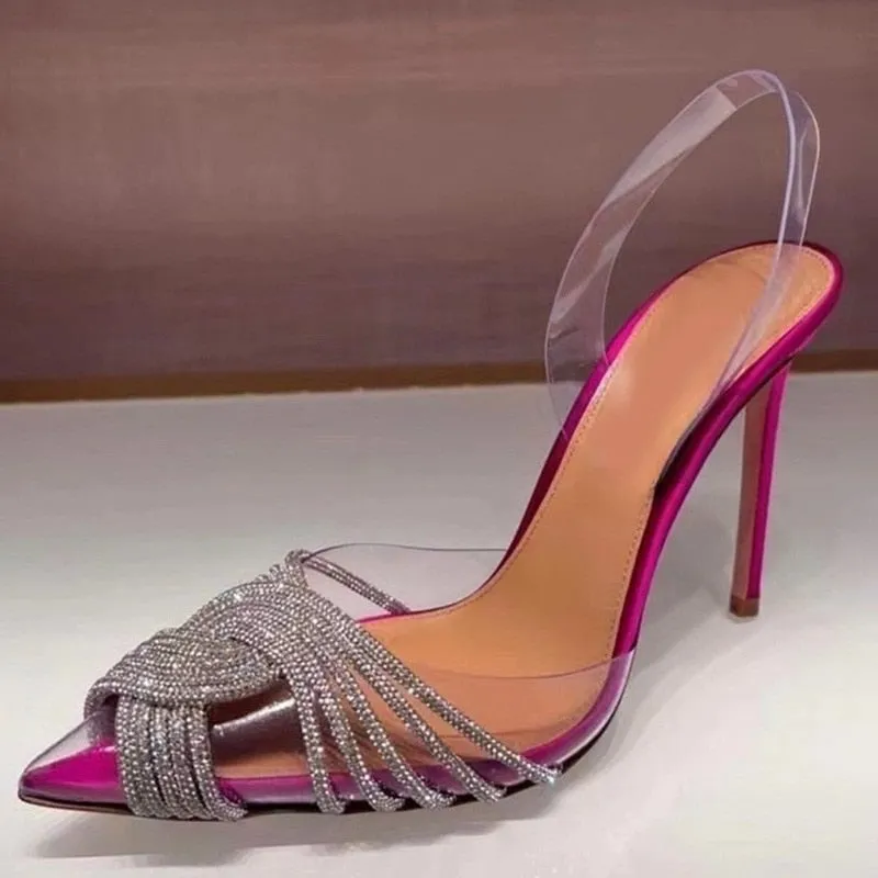 Clear PVC Slingback Women's Sandals Cross Crystal Pointed Toe Stiletto Heel Pumps Shoes