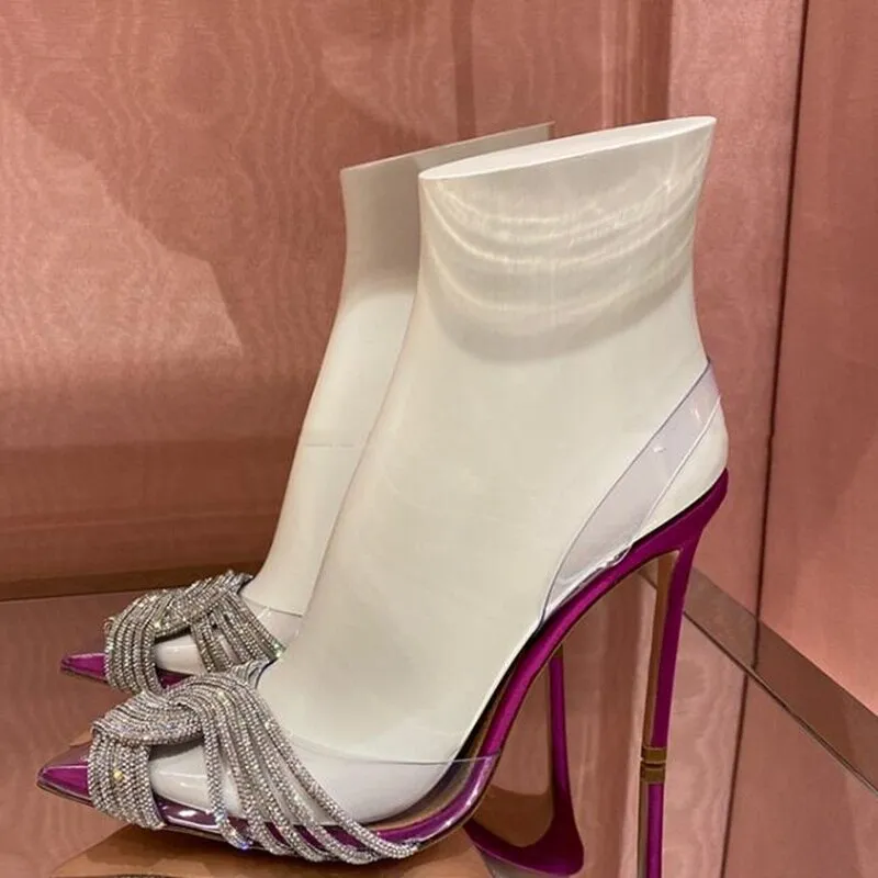 Clear PVC Slingback Women's Sandals Cross Crystal Pointed Toe Stiletto Heel Pumps Shoes