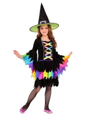 Colorful Rainbow Witch Costume for Kids | Halloween Dress & Hat