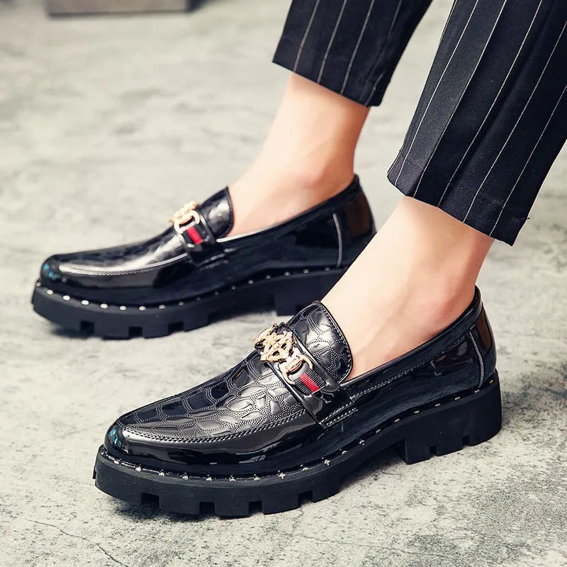 Cross-border crocodile pattern men's leather shoes Korean style trend versatile bright men's shoes British casual slip-on hairstylist