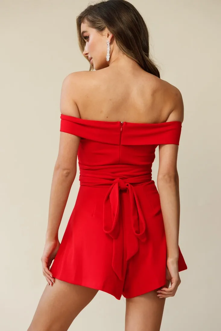 Crossroads Bardot Neckline Wrap Torso Romper Red