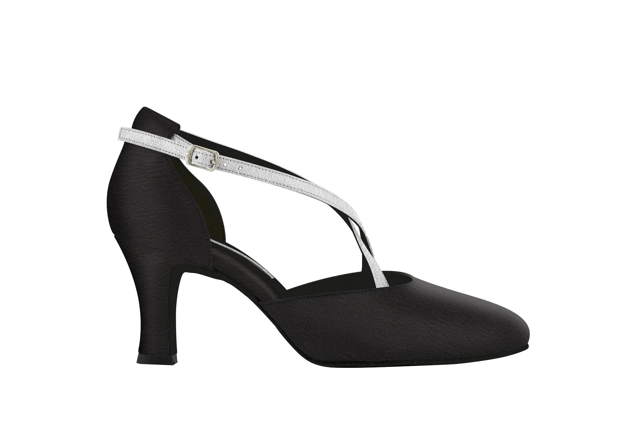 Dance Naturals 726 Accademia Black Leather Round Toe Smooth Ballroom Shoe with Silver Criss-Cross Strap