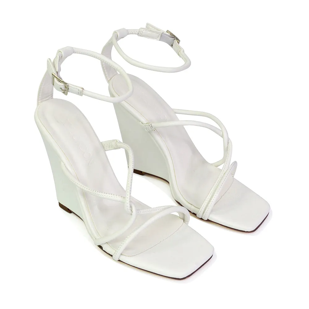 DANICA STRAPPY CROSS OVER SQUARE TOE WEDGE HIGH HEEL SUMMER SANDALS IN GREEN