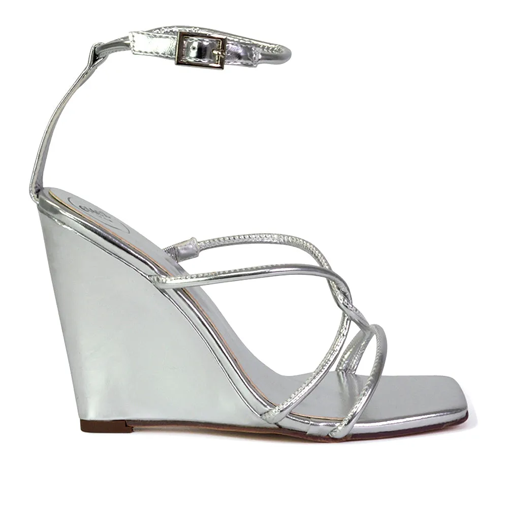 DANICA STRAPPY CROSS OVER SQUARE TOE WEDGE HIGH HEEL SUMMER SANDALS IN GREEN