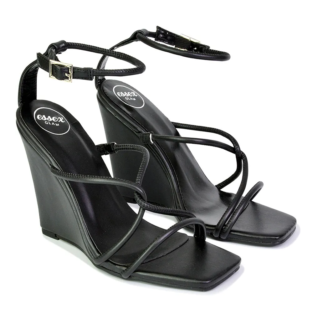 DANICA STRAPPY CROSS OVER SQUARE TOE WEDGE HIGH HEEL SUMMER SANDALS IN GREEN