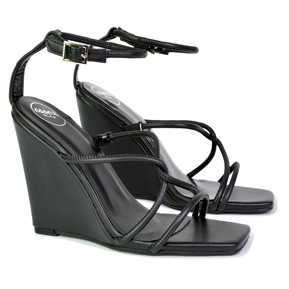 DANICA STRAPPY CROSS OVER SQUARE TOE WEDGE HIGH HEEL SUMMER SANDALS IN GREEN