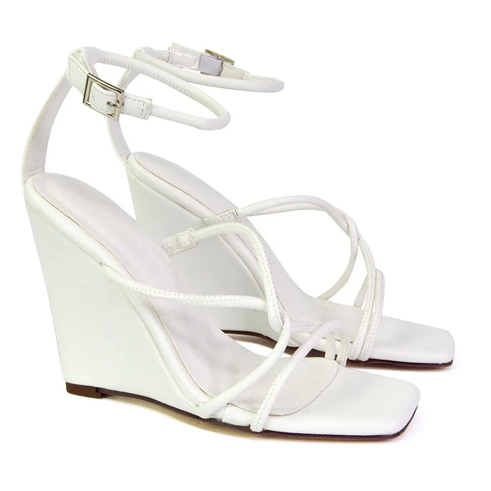 DANICA STRAPPY CROSS OVER SQUARE TOE WEDGE HIGH HEEL SUMMER SANDALS IN GREEN