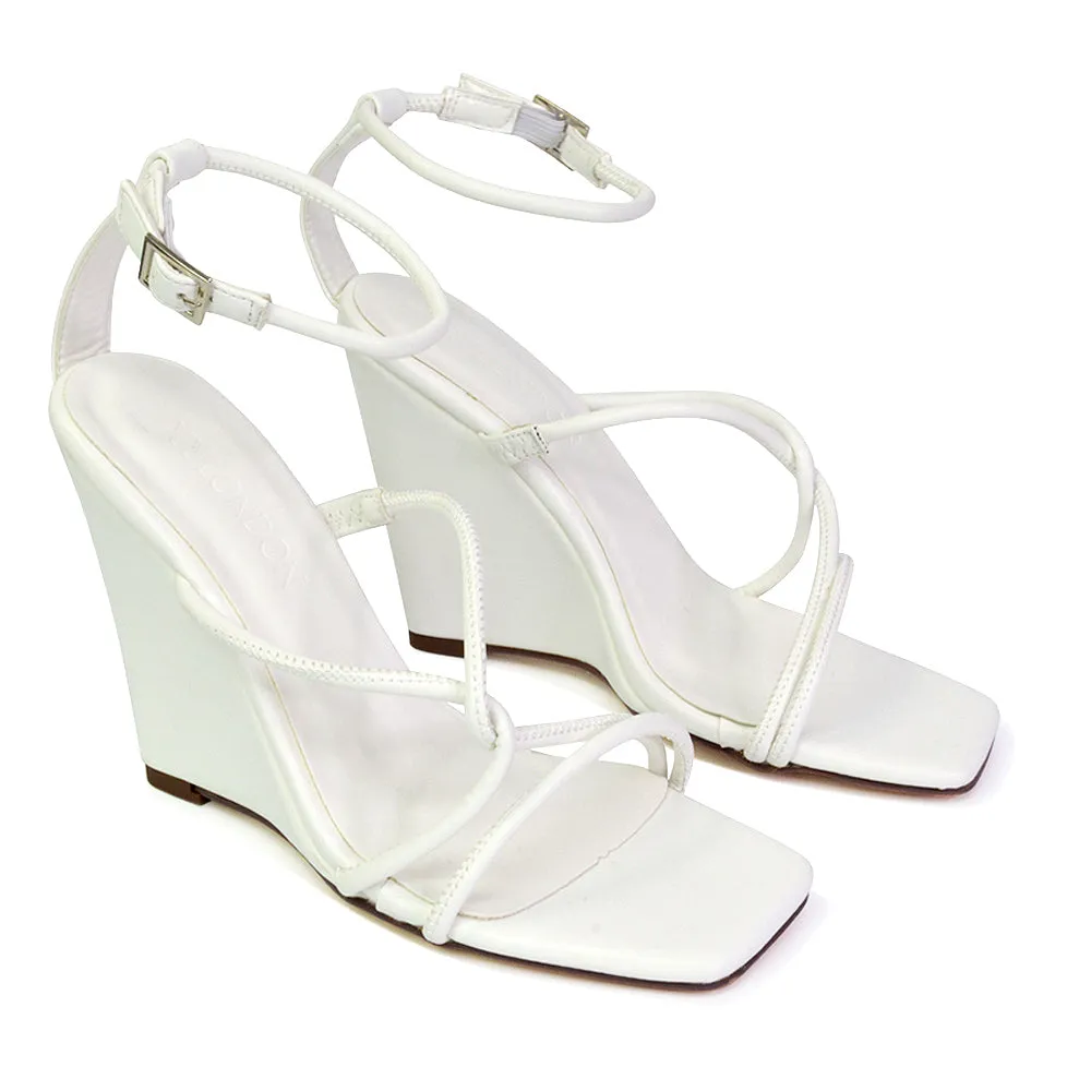 DANICA STRAPPY CROSS OVER SQUARE TOE WEDGE HIGH HEEL SUMMER SANDALS IN GREEN