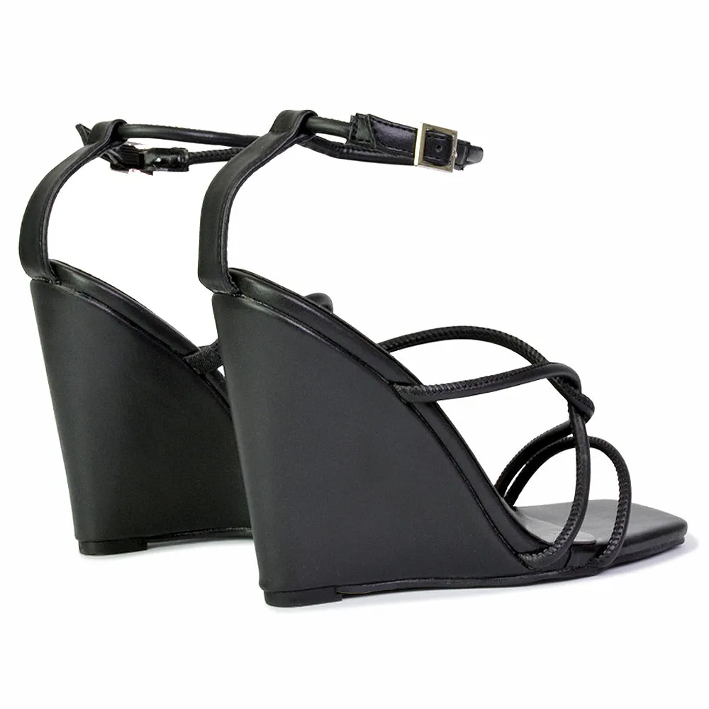 DANICA STRAPPY CROSS OVER SQUARE TOE WEDGE HIGH HEEL SUMMER SANDALS IN GREEN
