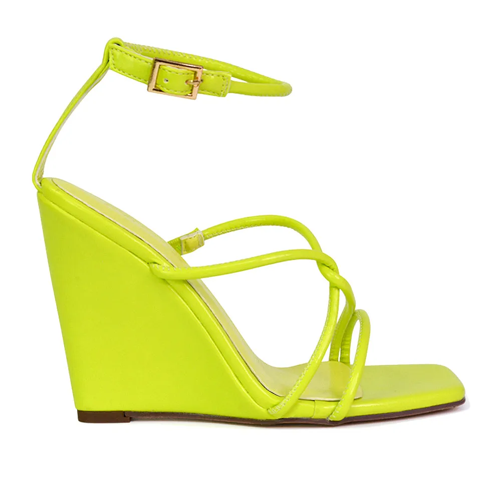 DANICA STRAPPY CROSS OVER SQUARE TOE WEDGE HIGH HEEL SUMMER SANDALS IN GREEN
