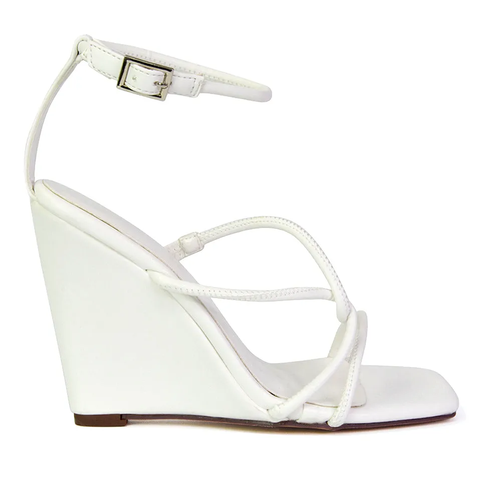 DANICA STRAPPY CROSS OVER SQUARE TOE WEDGE HIGH HEEL SUMMER SANDALS IN GREEN