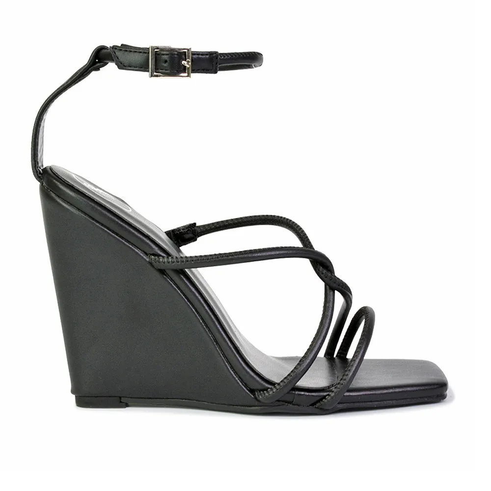 DANICA STRAPPY CROSS OVER SQUARE TOE WEDGE HIGH HEEL SUMMER SANDALS IN GREEN