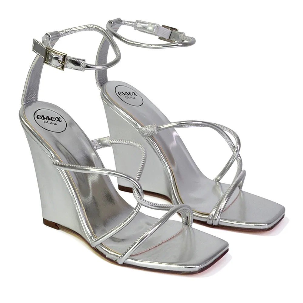 DANICA STRAPPY CROSS OVER SQUARE TOE WEDGE HIGH HEEL SUMMER SANDALS IN GREEN