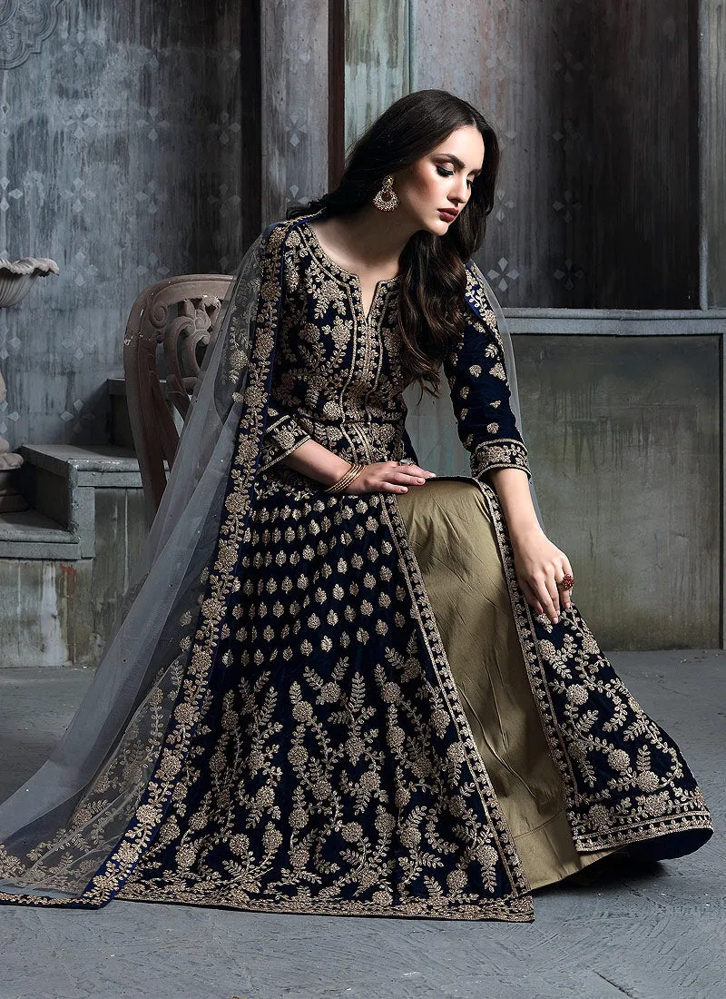 Dark Blue And Golden Anarkali Lehenga Suit