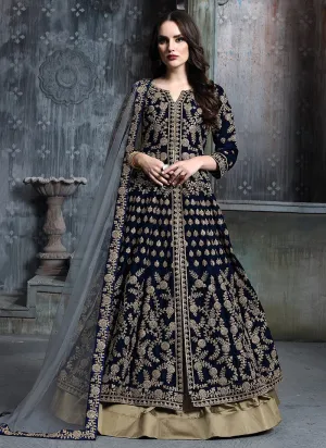 Dark Blue And Golden Anarkali Lehenga Suit