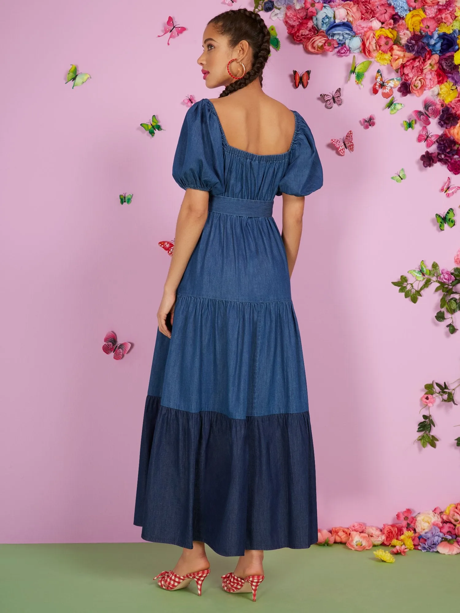 Denim Colorblock Square-Neck Maxi Dress