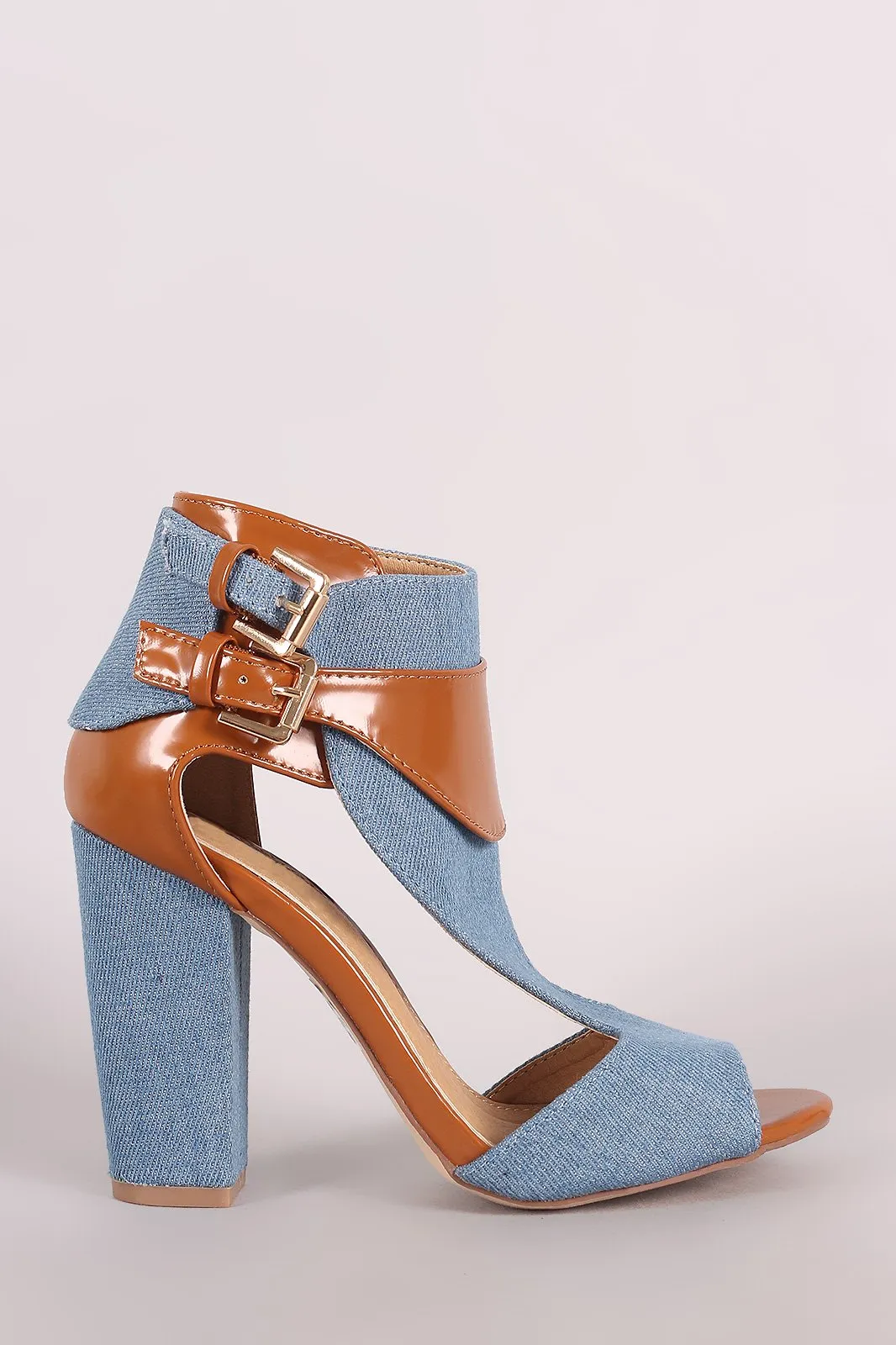 Denim Cutout Peep Toe Double Buckled Chunky Heel