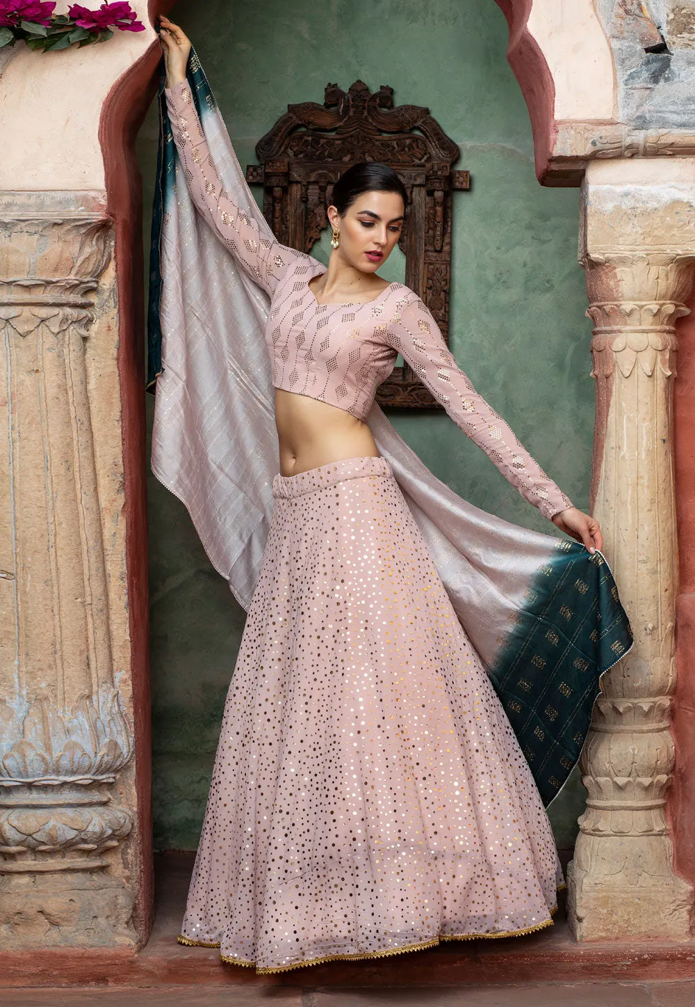 Dusky Pink Multi Embroidered Lehenga Choli