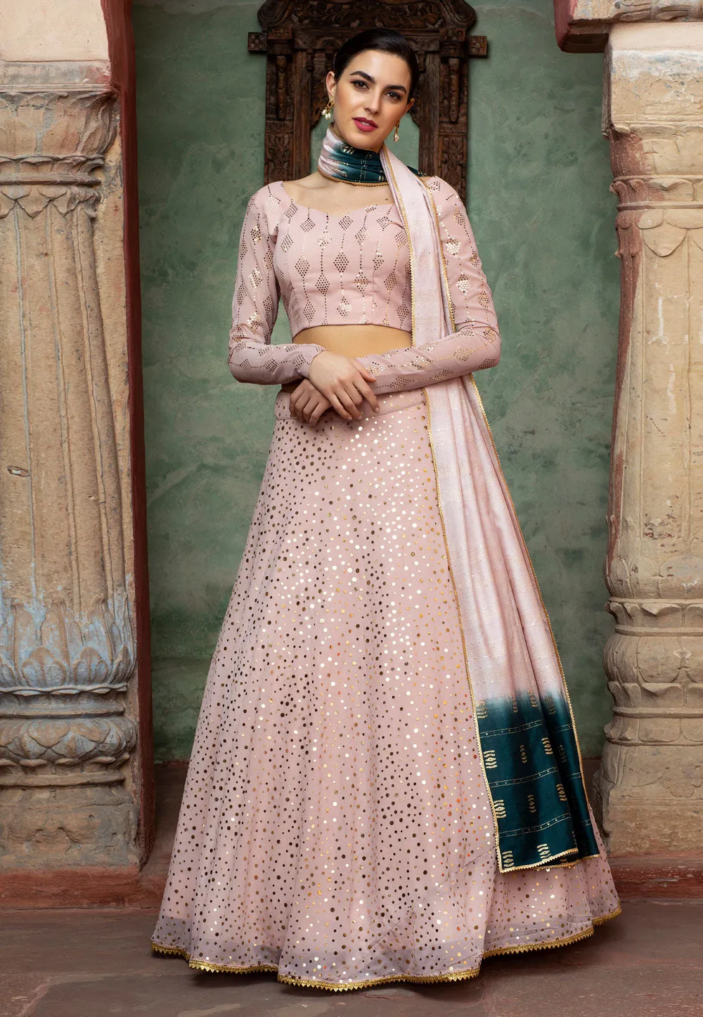 Dusky Pink Multi Embroidered Lehenga Choli